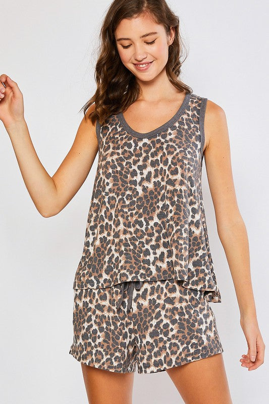 Leopard print loungewear set with untucked sleeveless swing top and shorts.