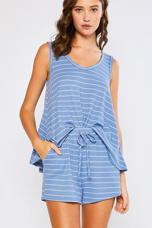 Blue and white pinstripe thermal pajama set. Tank and shorts.