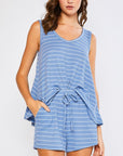 Blue and white pinstripe thermal pajama set. Tank and shorts.