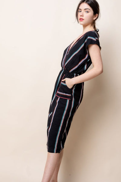 Side view of v-neck striped patio dress with large square pockets and elastic waist.