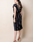 Rear view of midi striped patio dress with v-neck at front and back with tassel tie at back of neck.