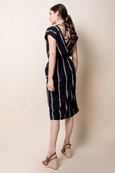 Rear view of midi striped patio dress with v-neck at front and back with tassel tie at back of neck.