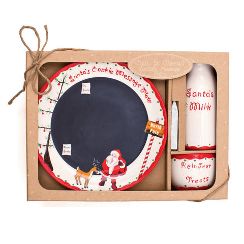 Christmas Decor for Home with Children - Santa's Message Plate Set. Plate with chalkboard finish, chalk, milk pitcher, and reindeer treat bowl.