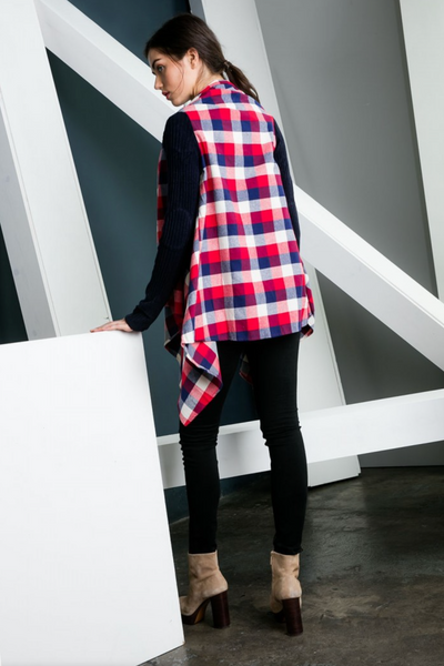 Back view of plaid drape front cardigan with longer length for good coverage.