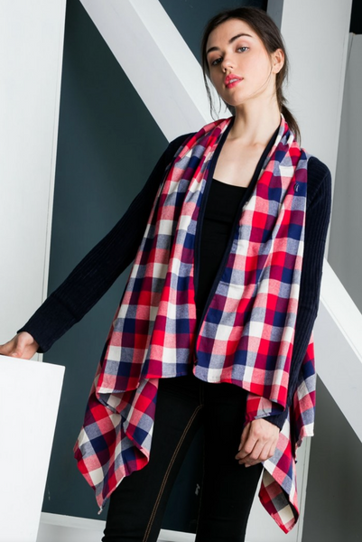 Festive women's plaid cardigan with drape front unbuttoned. Blue and red checkered plaid.