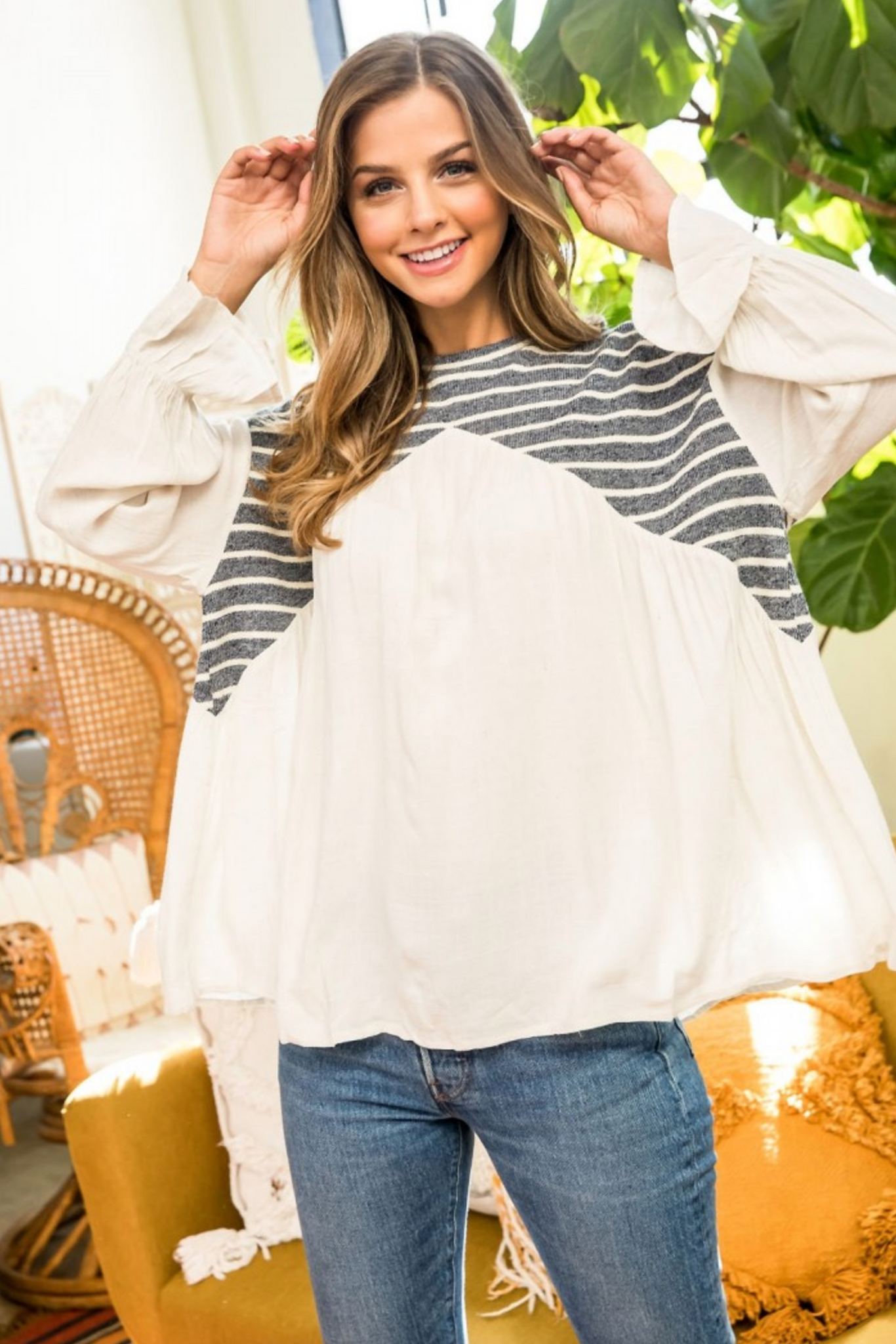 Boho long sleeve peasant top in Ivory with blue and white stripe detail.