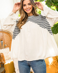 Boho long sleeve peasant top in Ivory with blue and white stripe detail.