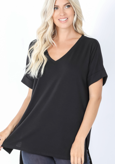 women&#39;s basic black v-neck short sleeve tee