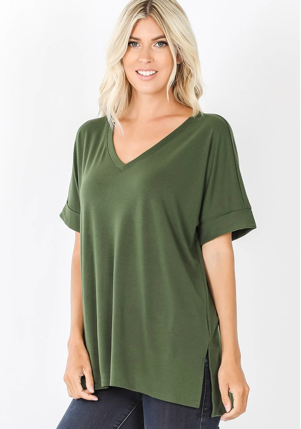 women's basic v-neck short sleeve tee in olive color