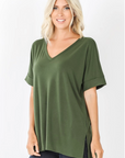 women's basic v-neck short sleeve tee in olive color