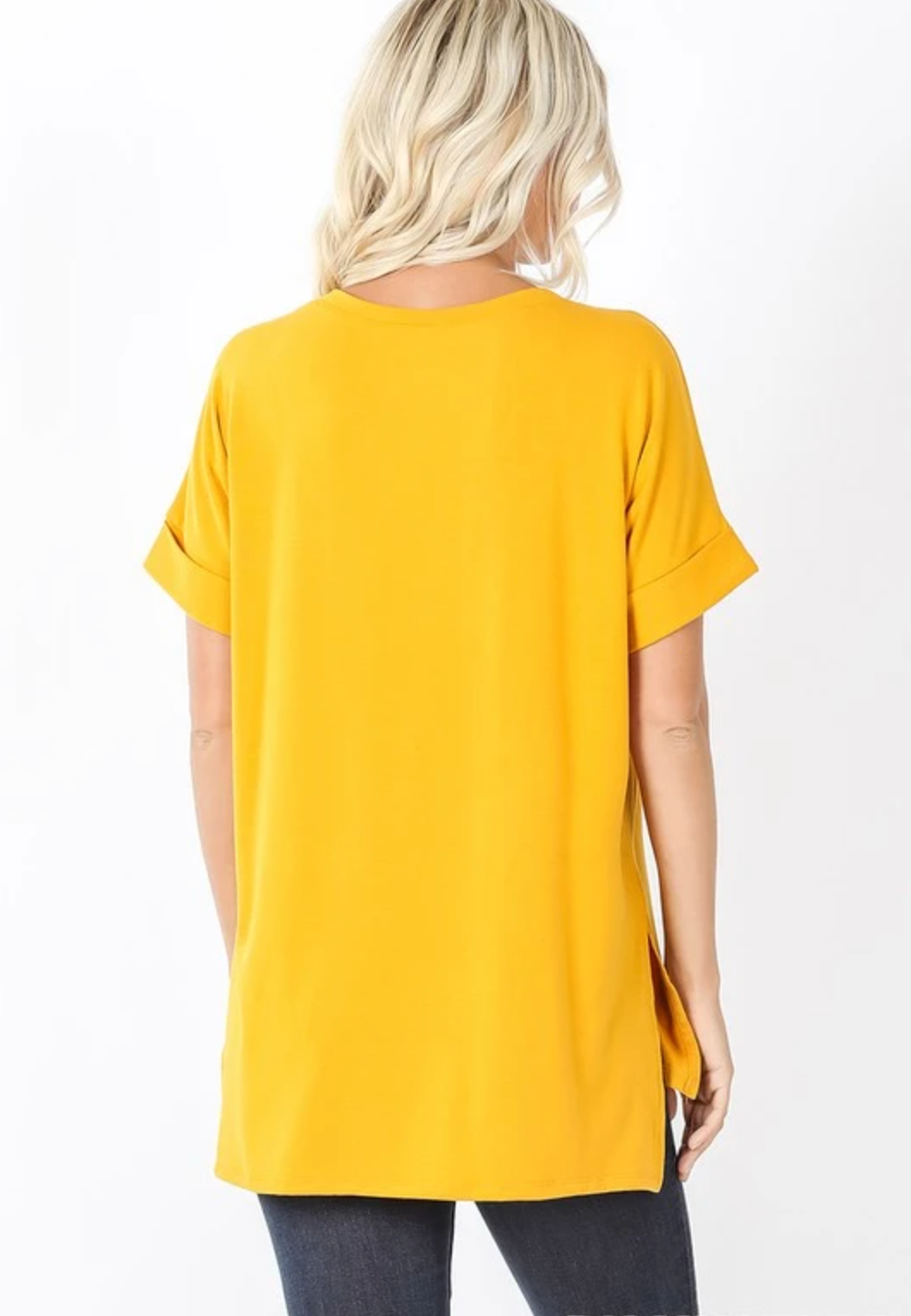 back view of Basic Tees Women: Short sleeve v-neck with rolled sleeve mustard