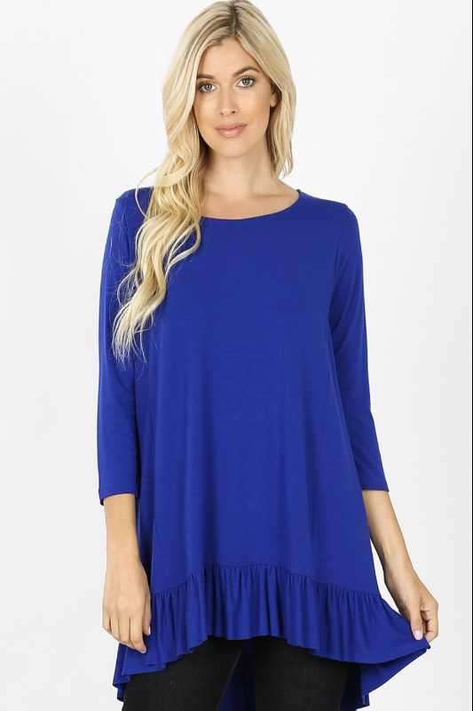 3/4 sleeve tunic with ruffle bottom denim/royal blue