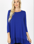 3/4 sleeve tunic with ruffle bottom denim/royal blue