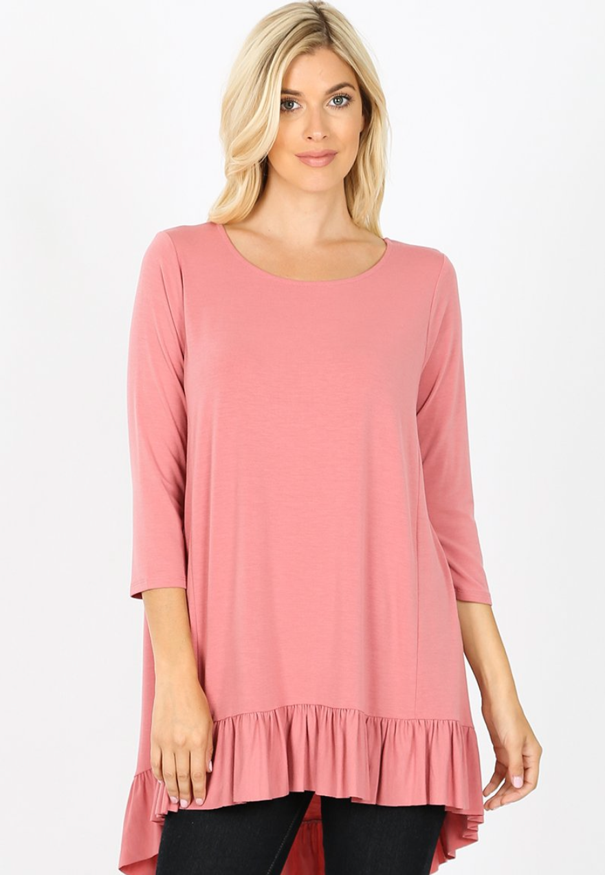 3/4 sleeve tunic with ruffle bottom dusty rose