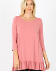 3/4 sleeve tunic with ruffle bottom dusty rose