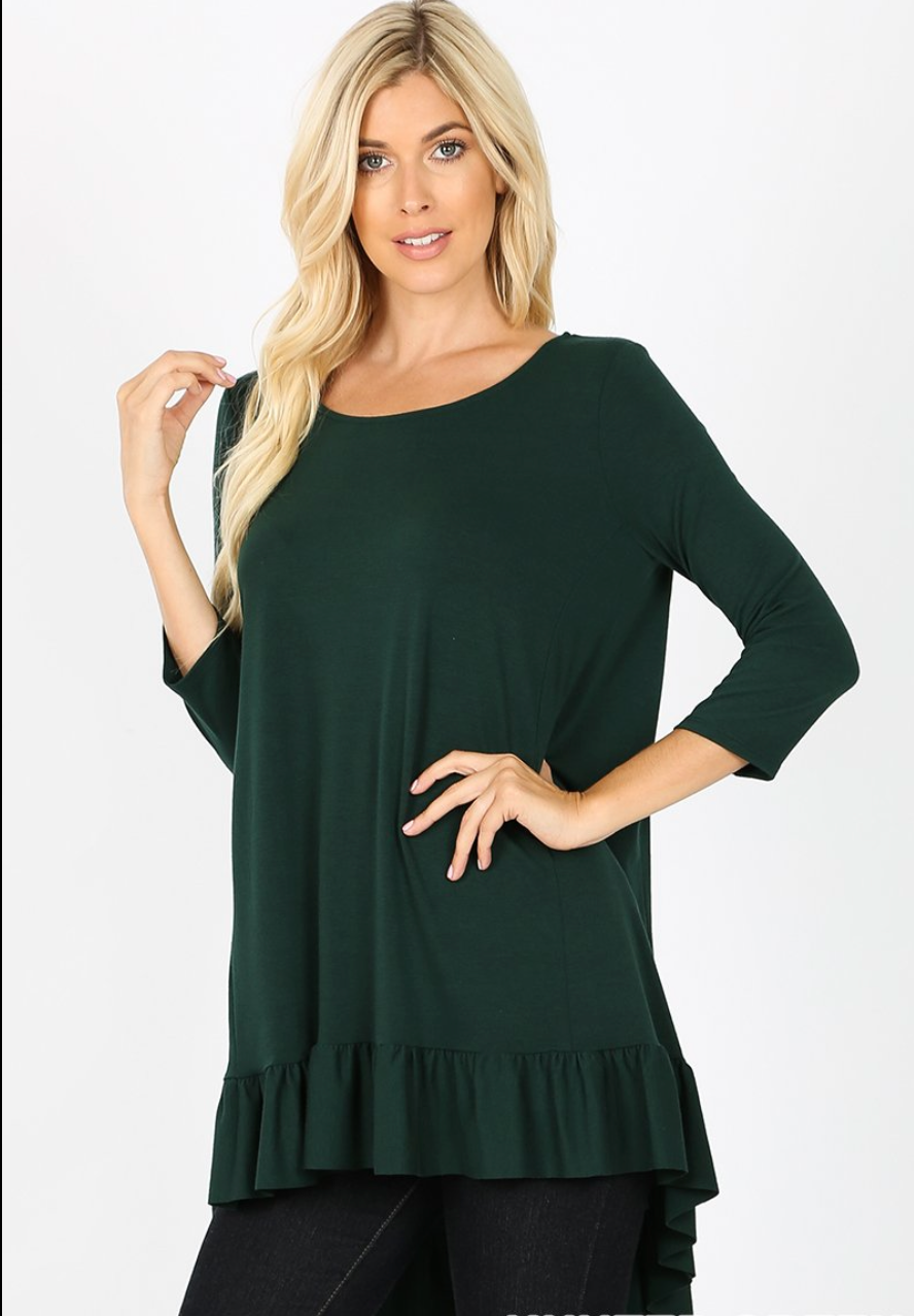 hunter green 3/4 sleeve tunic with ruffle at hem