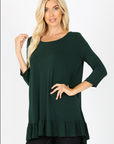 hunter green 3/4 sleeve tunic with ruffle at hem