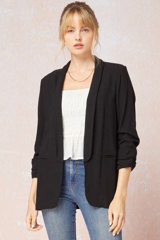 Women's black blazer with scrunched sleeves. Linen.