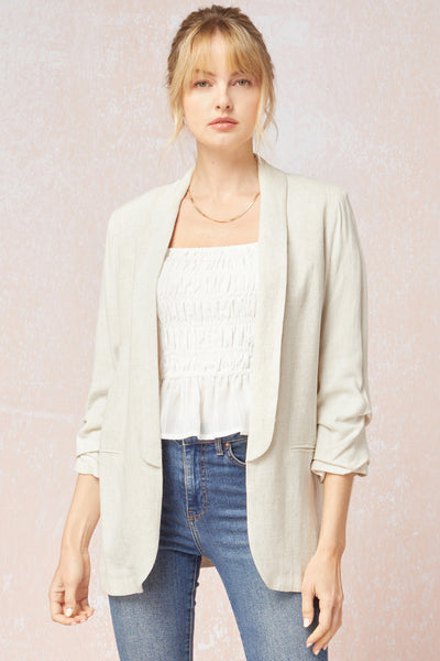 Women's white blazer with scrunched sleeves. Natural linen color. Summer blazer.