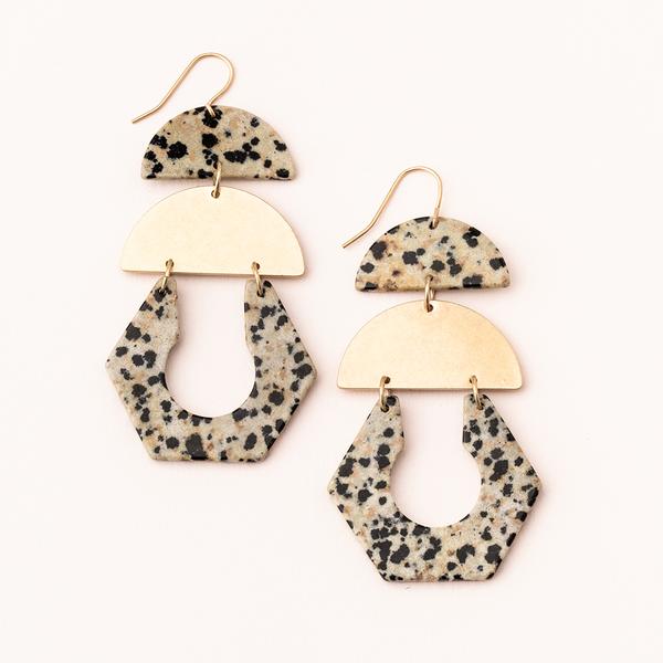 Gold stone chandelier earrings in beautiful dalmation stone and gold.