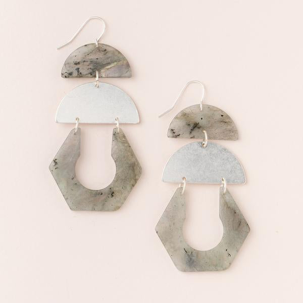 Silver stone chandelier earrings in beautiful labradorite stone and silver.