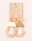 Gold stone chandelier earrings in beautiful sunstone and gold on leather display card.