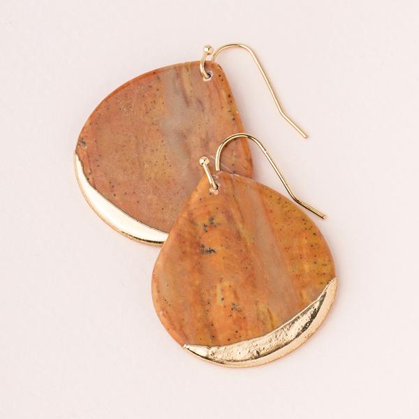 Large stone earrings in petrified wood dipped in gold.