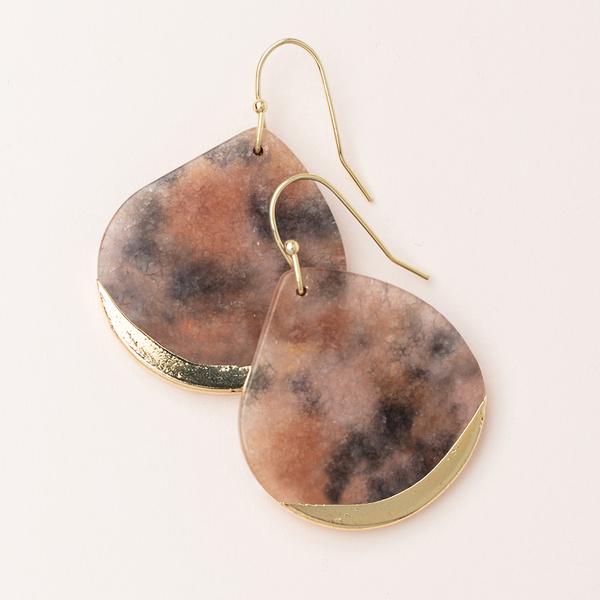 Large stone earrings in pink agate dipped in gold.