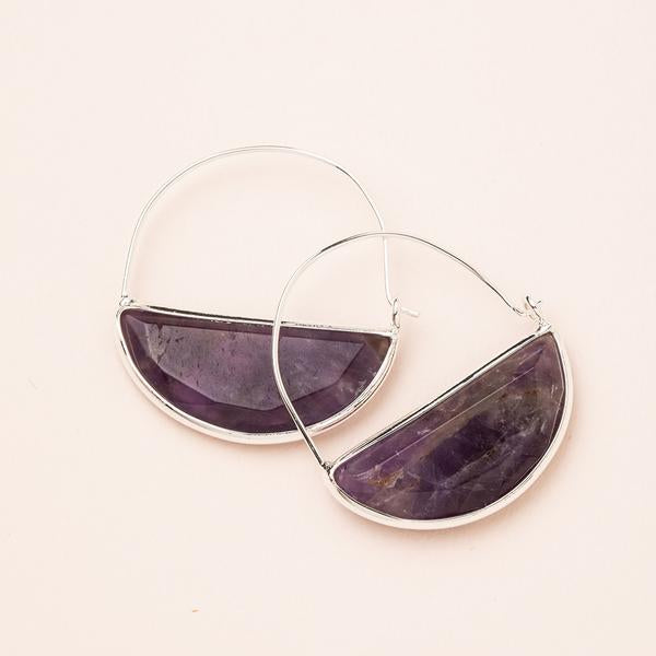 Stone hoop earrings in amethyst and silver.