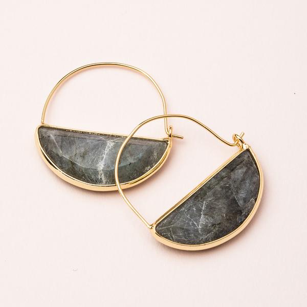Stone hoop earrings in dark gray labradorite and gold.