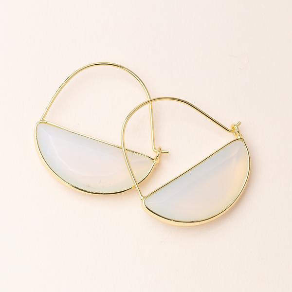 Stone hoop earrings in opalite and gold.