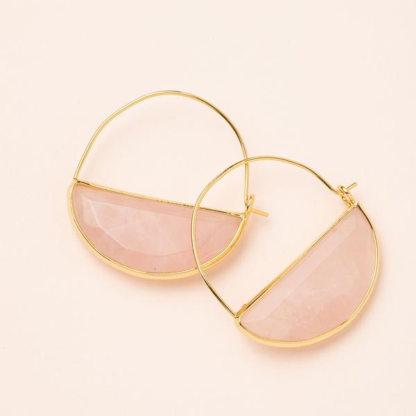 Stone hoop earrings in rose quartz and gold.