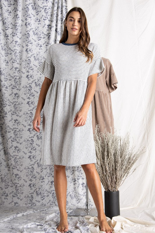 Women&#39;s cotton dresses. Striped Ivory and blue knit dress with wide short sleeve.