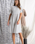 Women's cotton dresses. Striped Ivory and blue knit dress with wide short sleeve.