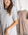 Women's cotton dresses. Striped Ivory and blue knit dress with wide short sleeve.