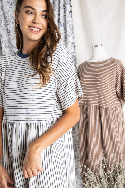 Women's cotton dresses. Striped Ivory and blue knit dress with wide short sleeve.