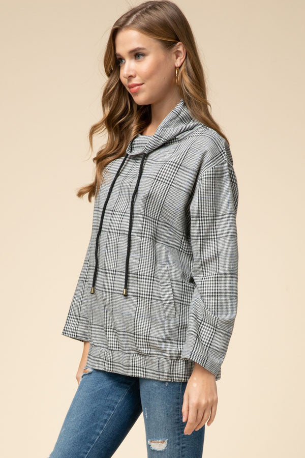 Black plaid cowl neck pullover.