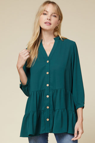 women's tops and blouses. Teal v-neck 3/4 sleeve tiered tunic.