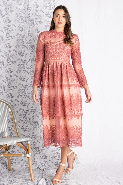Women's dresses for wedding guest or bride. Dusty rose colored crocheted lace midi.