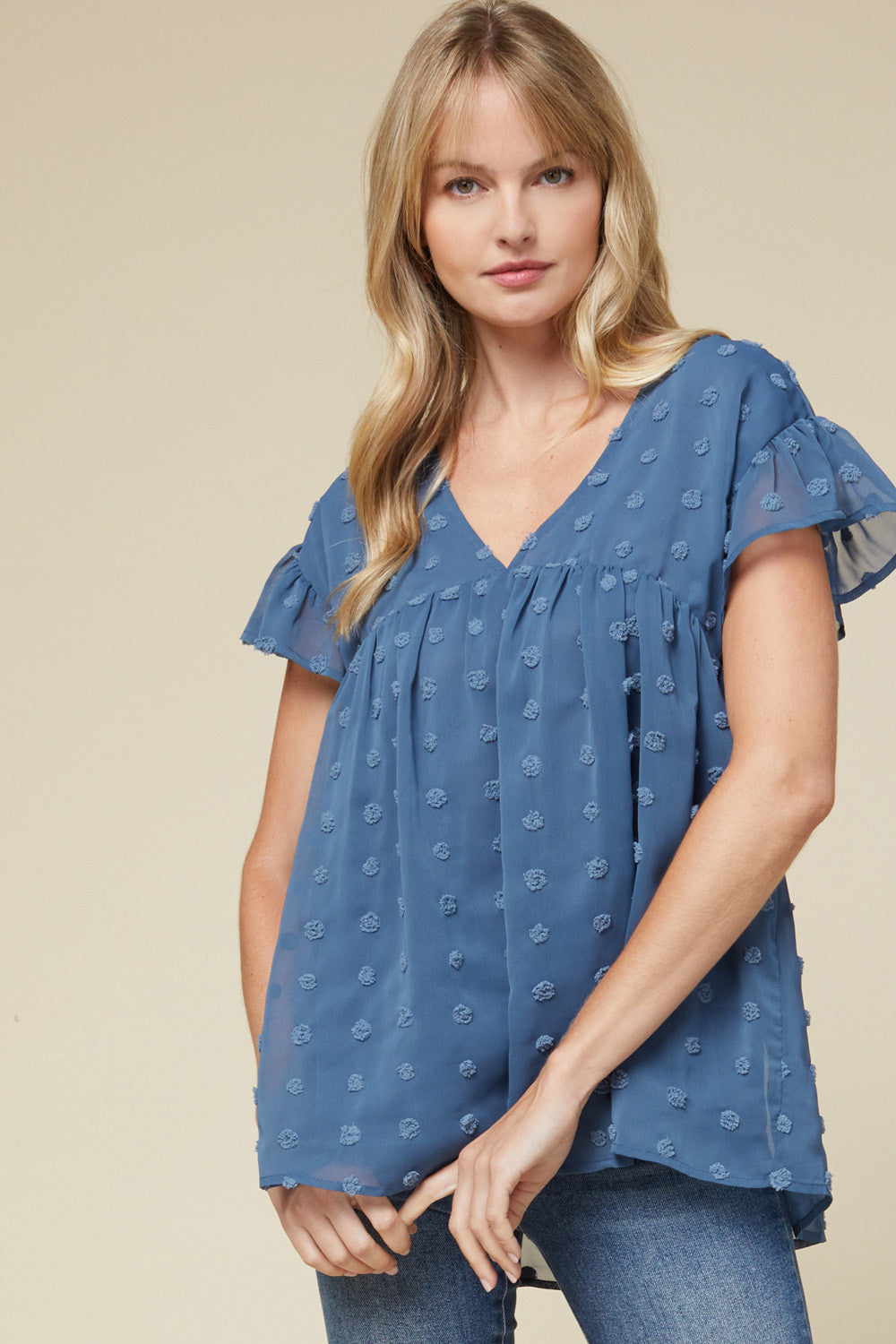 women's lightweight top - blue v-neck with ruffle sleeve