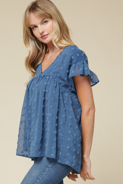 side view of women's lightweight top - blue v-neck with ruffle sleeve 