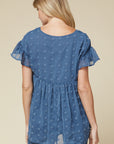 Back view of women's lightweight top - blue v-neck with ruffle sleeve