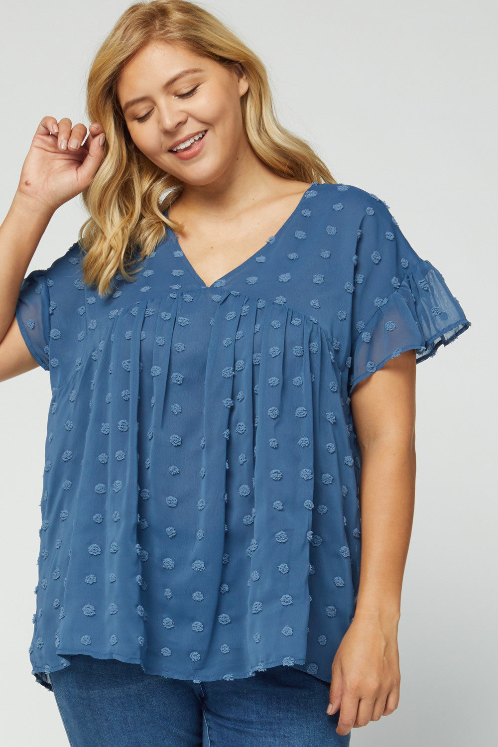 women&#39;s plus size babydoll top - blue dot with ruffle sleeve