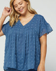 women's plus size babydoll top - blue dot with ruffle sleeve