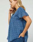 side view of women's plus size babydoll top - blue dot