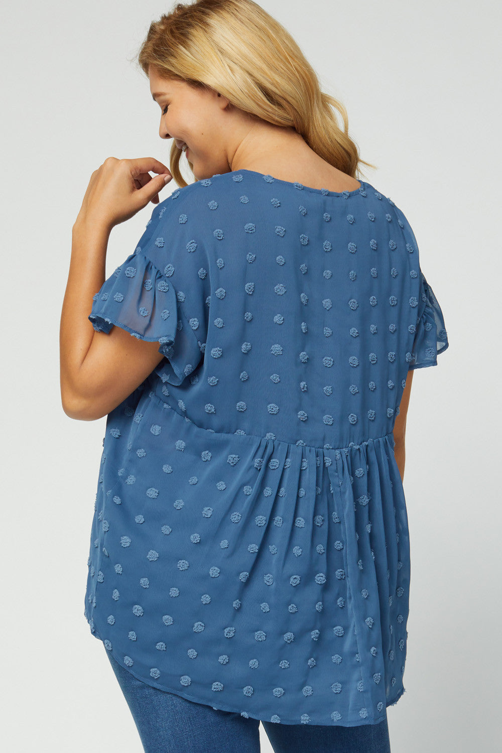 back view of women&#39;s plus size babydoll top - blue dot