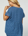 back view of women's plus size babydoll top - blue dot