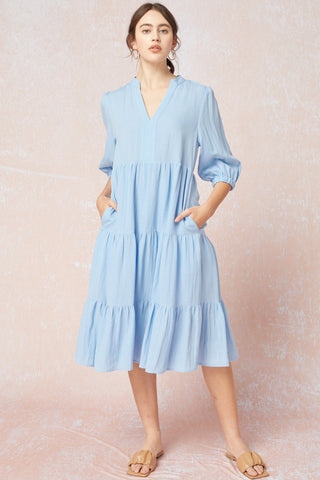 Anthropologie style dress. Solid blue boho dress. Tiered midi with half sleeves and v-neck.