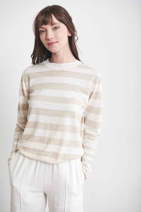 Women's tops for winter. Pale tan and white striped lightweight weater.