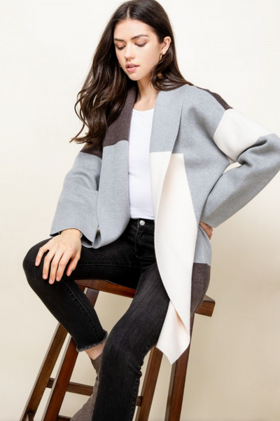 Womens bell sleeve cardigan with lapel.